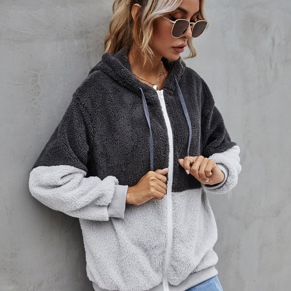 oversized charcoal color block teddy zipper hoodie - Picture 5 of 5